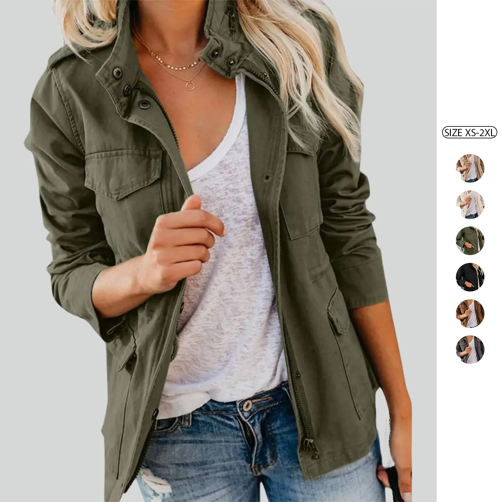 Imily Bela Womens Military Anorak Jacket Zip Up Snap Button Parka Safari Utility Coat Outwear with Pockets