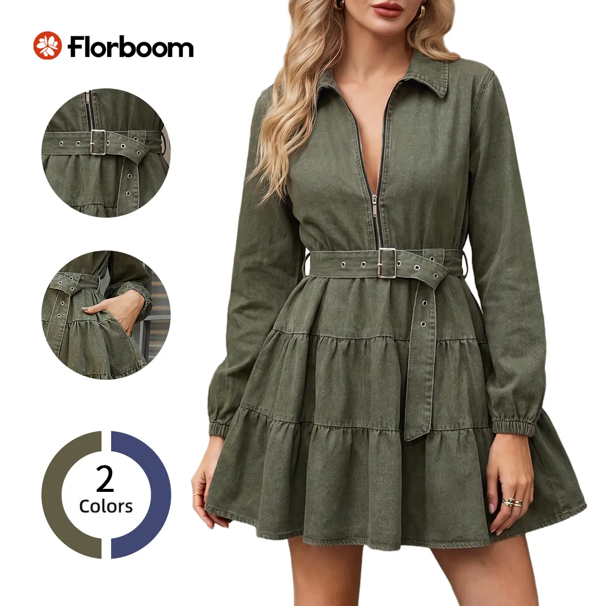 Florboom Women's Collared Zip-Front Denim Dress Long Sleeve Tiered Ruffle Hem Babydoll Mini Jean dresses with Pockets & Adjustable Belted for Casual Daily, Trendy, Date, Fall Party, Vintage Boho, Western Outfit Sohochic