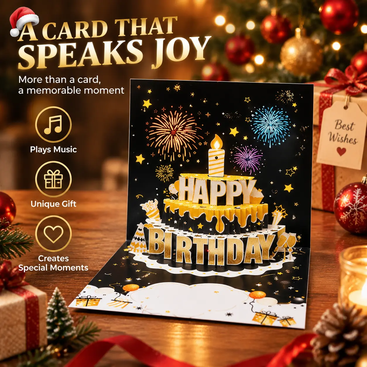 DIY Fireworks Pop-Up Cake Greeting Card with Light and Music, Black and Gold Birthday Gift Card for Men, Women, Interactive Greeting Card,back to school,back to school haul-YY2