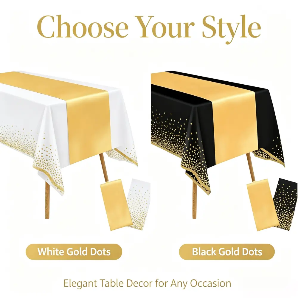Glossy Disposable ABS Plastic Tablecloth Set with Gold Satin Table Runner, Rectangular Table Covers for Birthday, Graduation Party Decor (White & Black Options)