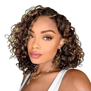 GK Highlight Curly Bob Wig Human Hair Glueless Wigs for Black Women P4/27 Shoulder Length C Part Natural Hairline