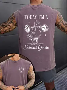 Summer Men's Letter Weightlifting Print Round Neck Sleeveless T-Shirt, 100% Cotton Outdoor Street Style Vest, Casual Fitted Design