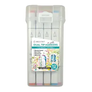 12-Piece Set of Dual Tip Pastel Markers with Reusable Plastic Storage Case
