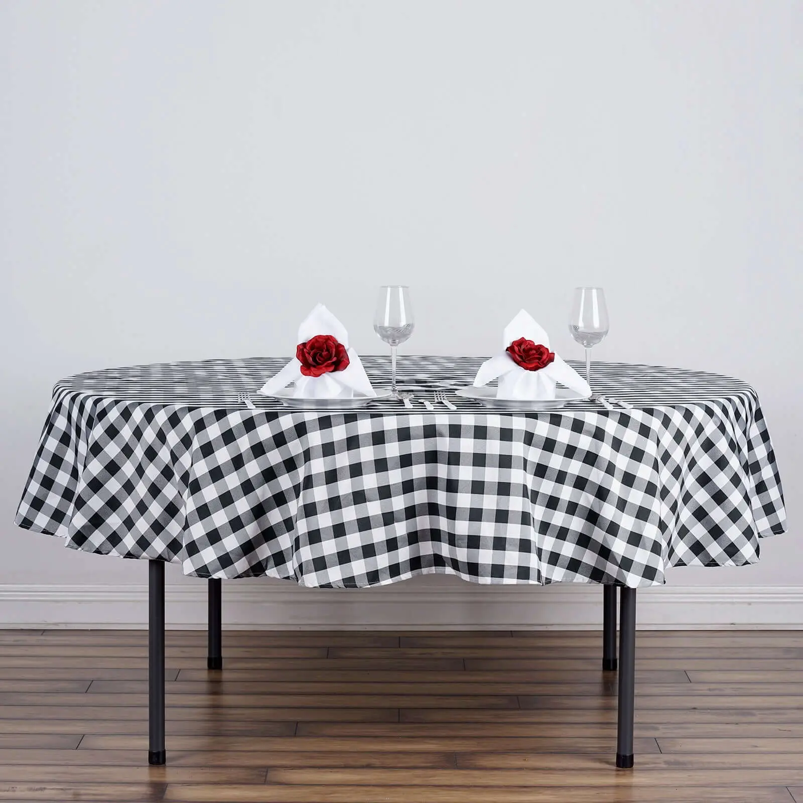 90" Polyester Round Plaid Tablecloth, White-Black Buffalo Checkered Washable Table Cover for Outdoor Tables, Wedding Use, Buffalo Plaid