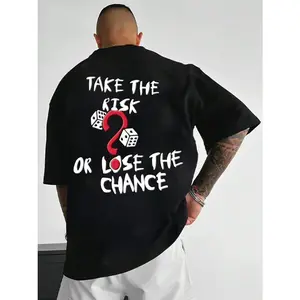 Men's Dice & Slogan Print Drop Shoulder Tee, Street Fashion Casual Soft Comfy Letter Print Half Sleeve Round Neck T-shirt for Daily Holiday Outdoor Wear