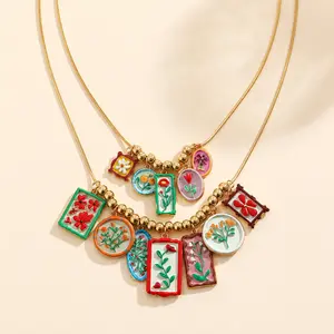 Colorful Floral Pendant Necklace, Layered Beach Statement Jewelry