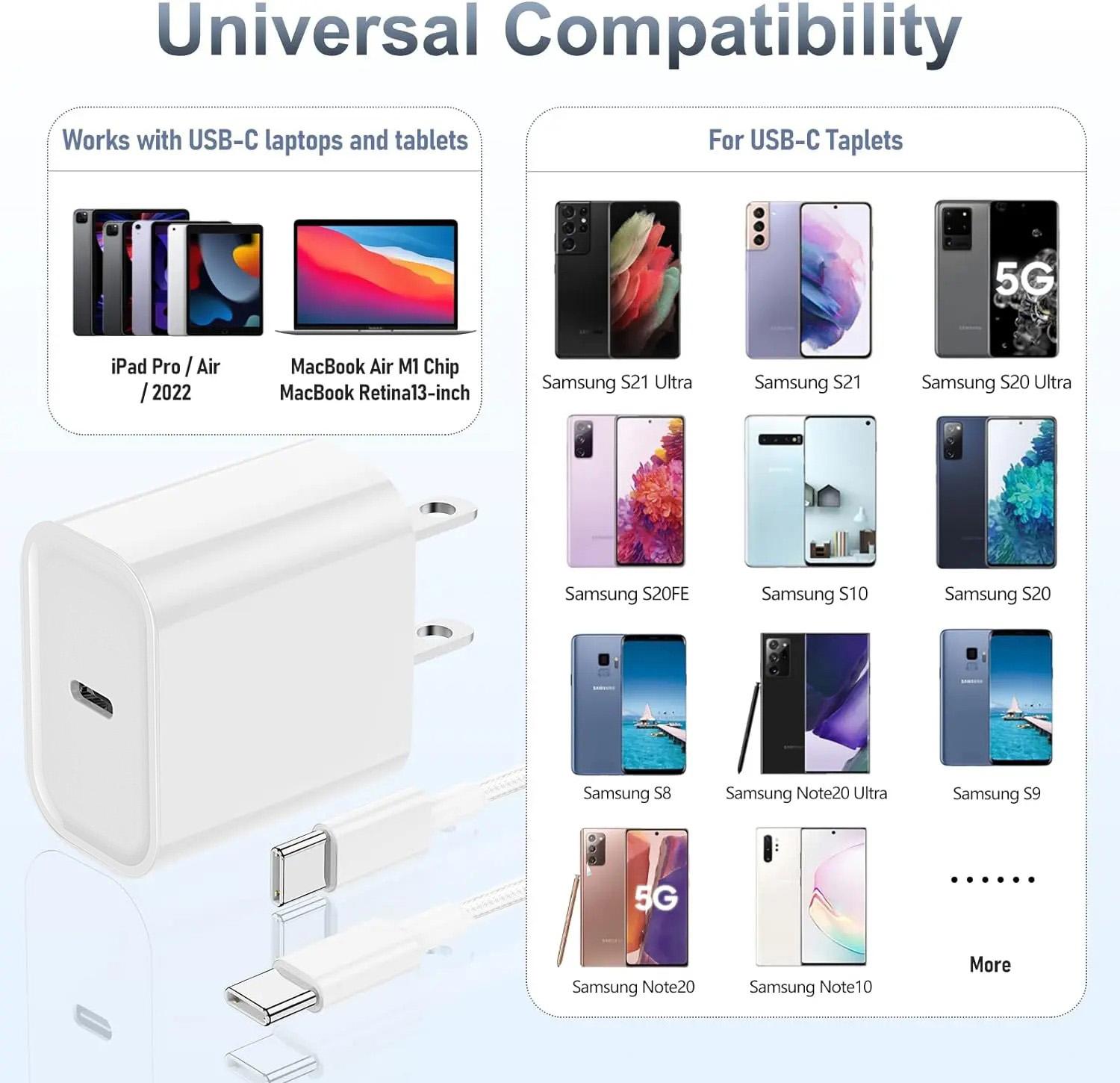 [MFi Certified] 2 Pack 20W  Super Fast USB-C Charger + 6FT/10FT Type-C to C Cable Kit, High Speed Charging Block for iPhone 14/15/16/17, iPad Pro/Air/Mini, Universal USB C Cell Phones, Portable Travel Charging Adapter#Back To School