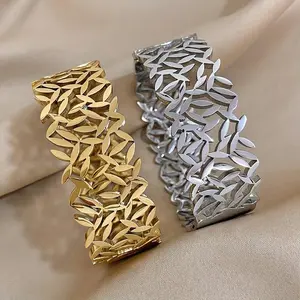 Hollow Leaves Shape Wide 316 Stainless Steel Chunky Cuff Bangle Bracelet for Men Women, Vintage Style, No Pendant, Perfect Jewelry Gift for Halloween Christmas Thanksgiving Valentine's Day New Year