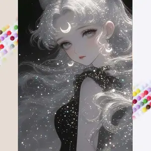 1 set of DIY diamond painting kit, 5D diamond art set, DIY decoration, white long hair, shiny dots, black clothing. Mosaic, diamond art, DIY art home decor.