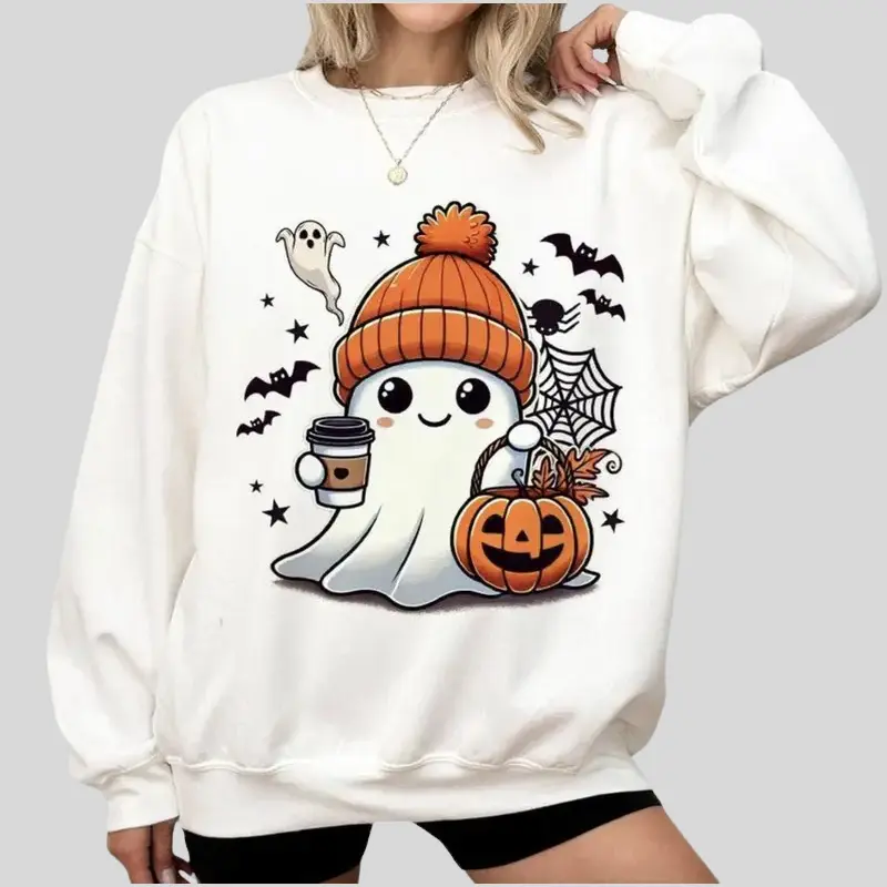 Halloween Ghost Sweatshirt - Shirt - Hoodie, Cute Ghost Sweatshirt, Halloween T-shirt, Cute Fall Shirt, Spooky Season Sweatshirt, Trendy Ghost Halloween T-shirt, Funny Ghost T-shirt, Full Color, For Men, For Women, Classic Fashion, Full Sizes, Tee Print