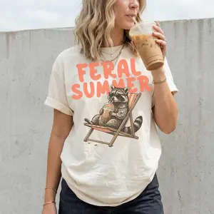 Feral Summer Raccoon Shirt | Funny Trash Panda Iced Coffee Tee | Chaotic Energy Meme Aesthetic Graphic T-Shirt Gen Z Viral Gift