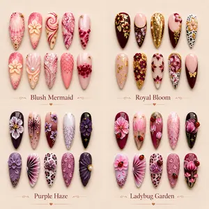 Pinkie Nails | Luxury Handmade Press On Nails Set | Floral 3D Pearl Gold Chrome Pink Burgundy Purple Cat Eye Mermaid Coquette Elegant Cute Acrylic False Nails Gift for Women Girl Daily Party Wedding Reusable
