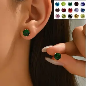 [6 Pair Earrings] 9mm Earring Set With Geometric Setting And Colored Zirconia Earrings Versatile Ear Accessories