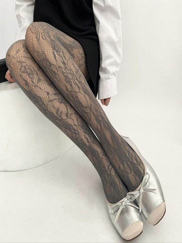 Thin Solid Color Sheer Hollow Out Pantyhose, Sexy Lace Net Stockings, Black & Wine Red For Women