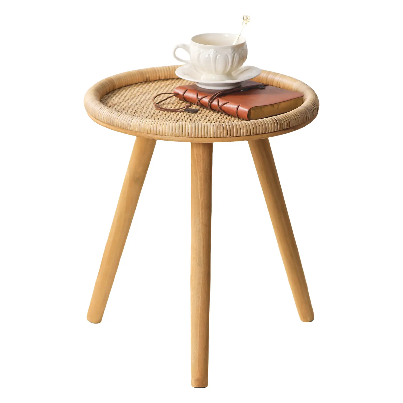 Rattan Round Coffee Table, Boho Circle Side Table End Table for Living Room, Small Mid Century Accent Table for Bedroom Balcony