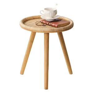 Rattan Round Coffee Table, Boho Circle Side Table End Table for Living Room, Small Mid Century Accent Table for Bedroom Balcony