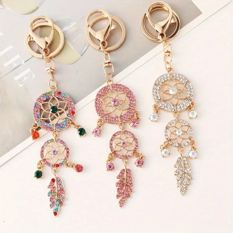 Smooth Stainless Steel Keychain with Rectangular Dreamcatcher Pendant - Alloy, Geometric, Floral Motif, Elegant, Durable, Unique and Stylish Element, Everyday Fashion Accessory for Bags, Car Keys, Cars Accessories