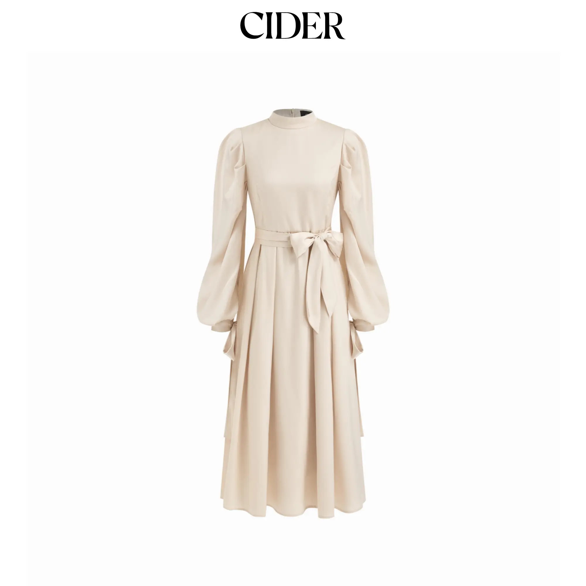 Cider Satin Stand Collar Ruffle Maxi Dress With Belt