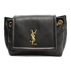 Saint Laurent YSL Nolita Gold-Logo Quilted Lambskin Crossbody Bag for Women, Black