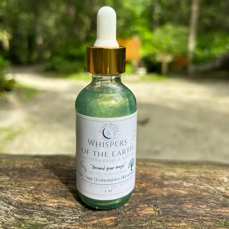 Whispers of the Earth Grounding Body Oil for Daily Ritual Unakite Crystal Infused Shimmering Clary Sage Lemongrass Self Care 2 oz