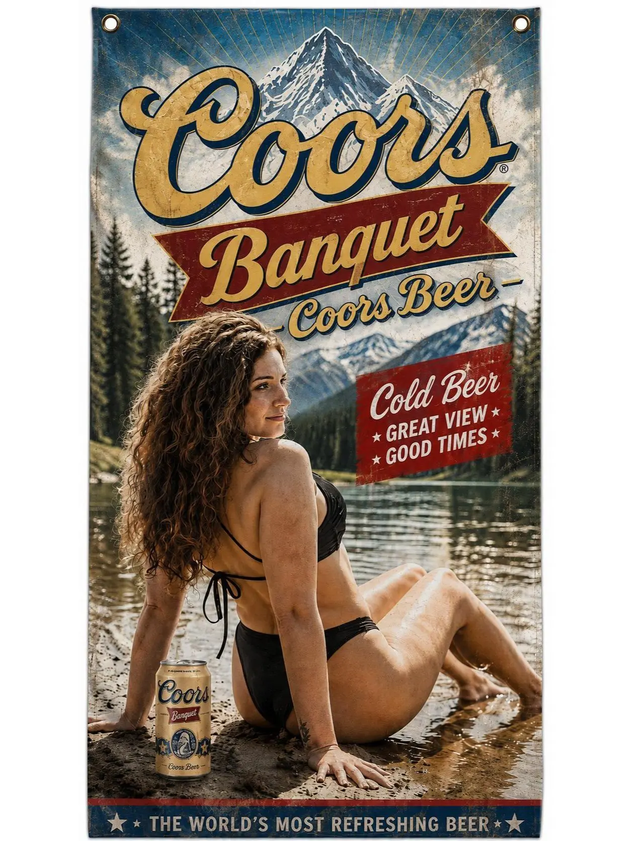 Vintage Mountain Lake Beer Flag Retro Lakeside Woman Wall Tapestry Rustic Americana Man Cave Bar Garage Cabin Decor Gift for Beer Lovers
