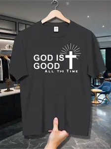 Men' Black T-Shirt with GOD IS GOOD ALL THE TIME & Cross Print - Lightweight Short Sleeve Round Neck Tee, Medium Stretch Fabric Suitable for Casual Attire, Church, Outdoor Activities, Casual Religious Apparel