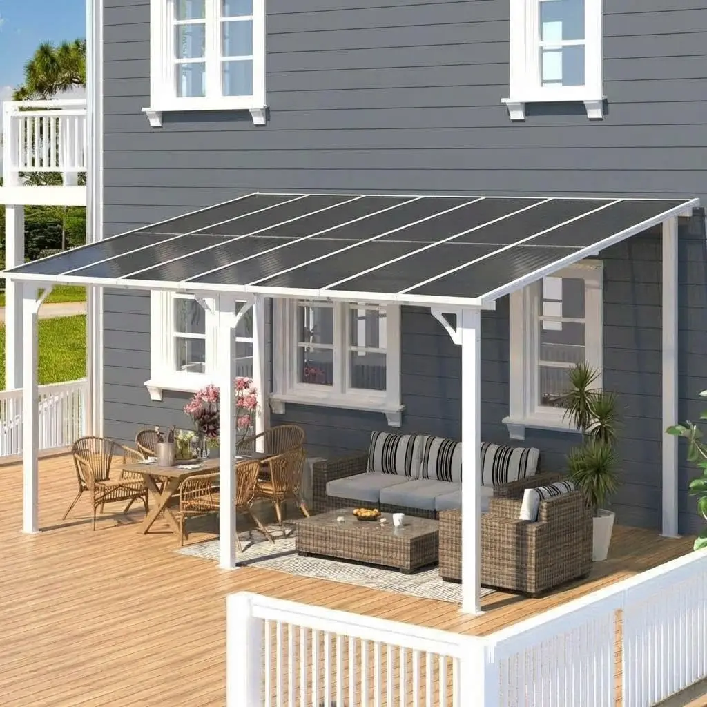 10′ × 20′ Hardtop Wall Mounted Gazebo with Gutters & Galvanized Steel Roof, 60 MPH Wind Resistance – Lean‑to Gazebo Pergola with Sloped Roof for Deck, Porch, Backyard