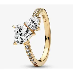 925 Sterling Silver Double Heart Sparkling Ring,Fit Charm Necklaces,Woman Fashion Ring,Fashion Jewelry,Gift For Her