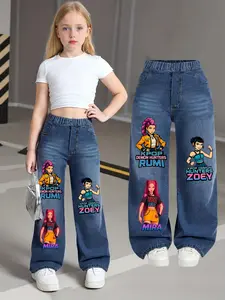 ‘Hunters Girl’ Printed Denim Jeans for Girls, Cute Portrait Graphic Jeans, Trendy Streetwear for Ages 8-12, Perfect for Young Fashionistas