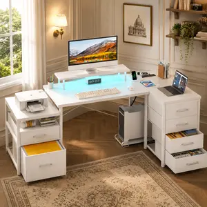 Homieasy 63 Inch L-Shaped Desk with Storage for Office, L Shaped Gaming Desk with Power Outlets & LED Lights, Computer Desk with Drawer, Monitor Stand and Removable CPU Stand, Large Storage, Gaming, Writing
