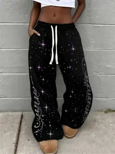 Unisex Rhinestone Casual Pants, Sparkling Diamond Decor, Star Letter Design, Street Style, Trendy for Daily Wear