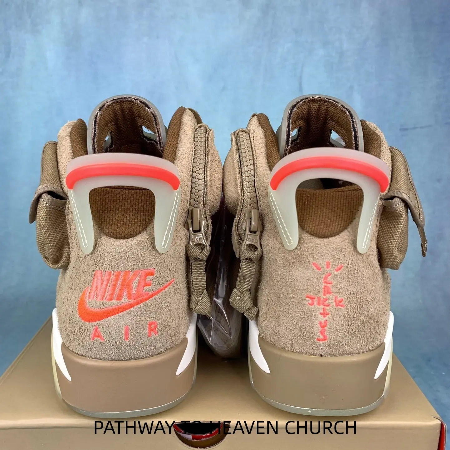 Khaki Suede High Top Basketball Sneakers For Men Women, Side Pocket Design, Orange Red Accents, Cream Rubber Outsole, Padded Ankle Fashion Street Athletic Trainers