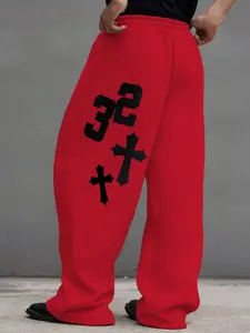 Men's Waist Drawstring Straight Leg Pants, Creative Number Cross Print, Comfortable Casual Daily Wear, Fall Winter Men's Pants
