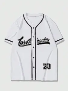Men's Letter & Number Print Baseball Jersey, Regular Fit Casual Short Sleeve V Neck Button Baseball Top for Daily Wear, Fashion Men's Clothes for Summer, Stylish Jersey, Baseball Shirt