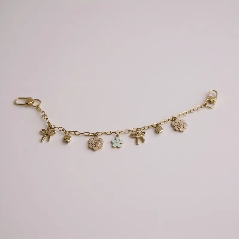 Pink and White Rose Flower Bag Charm with Gold Hardware for Stylish Accessories Elegant Floral Design