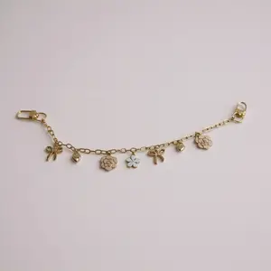 Pink and White Rose Flower Bag Charm with Gold Hardware for Stylish Accessories Elegant Floral Design