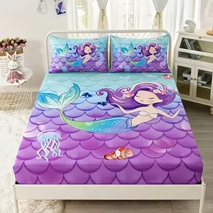 3PCS Fashion Cute Mermaid Ocean Home HD Digital Printed Bed Sheet Three Piece Set, 1 Bed Sheet+2 Pillowcases without Pillow Core