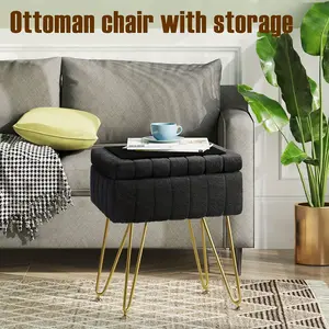 Vanity BLACK Storage Ottoman Chair | Makeup Vanity Chair With Metal Legs & Soft Faux Fur Surface, Flip Top Foot Rest With Soft Padded Seat For Bedroom Living Room, Ideal For Moms' Boudoir Glam Station & Bedroom Luxury Organization