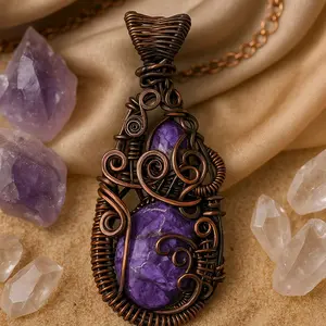 Willowstar Magick & Mystics "The Oracle Coil" - Crownstone of Sight and Return Chariote Pendant Hand-Wrapped in Sacred Copper with Luminous Charoite Stone for Spiritual Cleansing and Psychic Vision