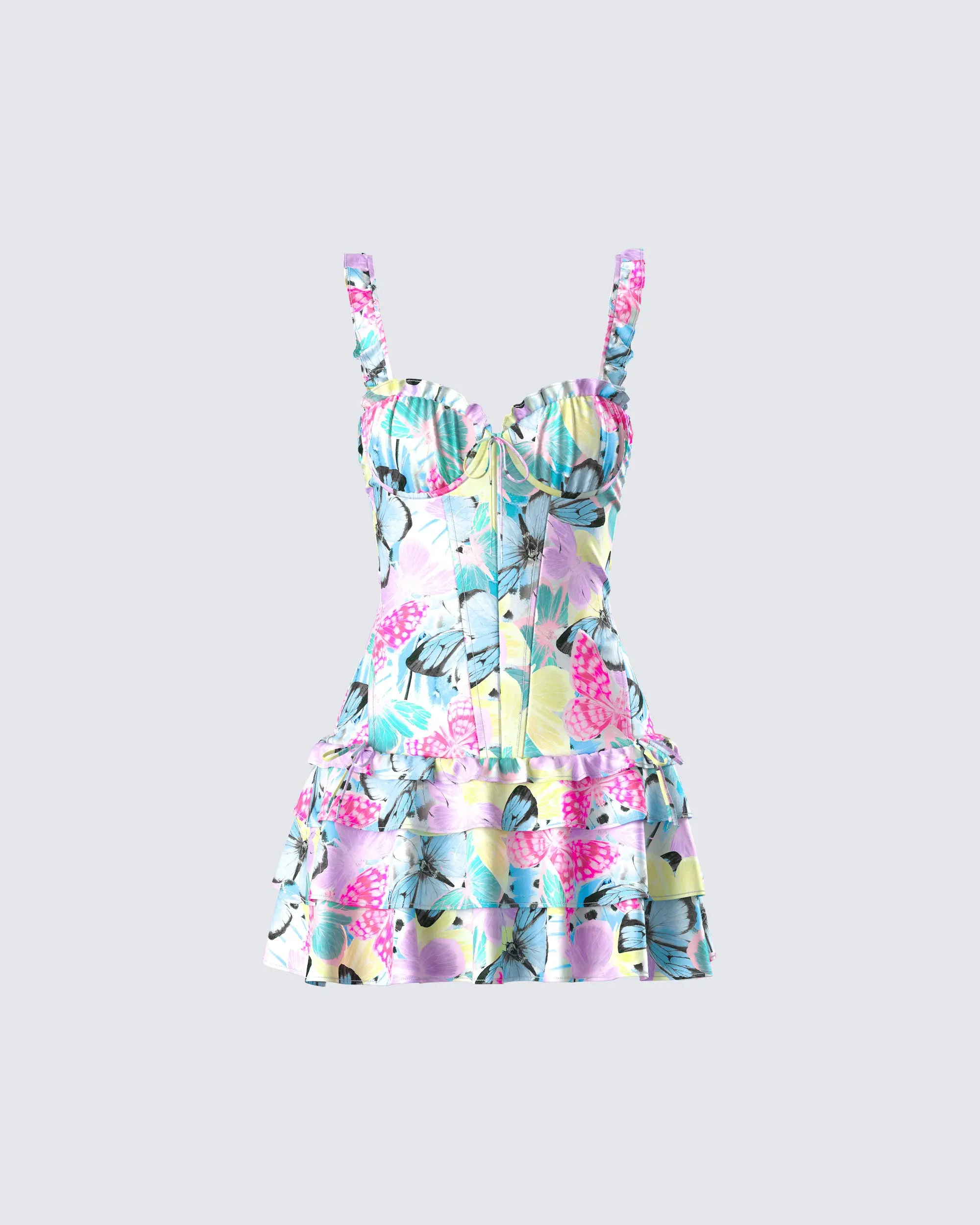 Women's Odelle Printed Polyester Satin Ruffle Dress, Bustier Style with Straps, Ideal for Party Occasions