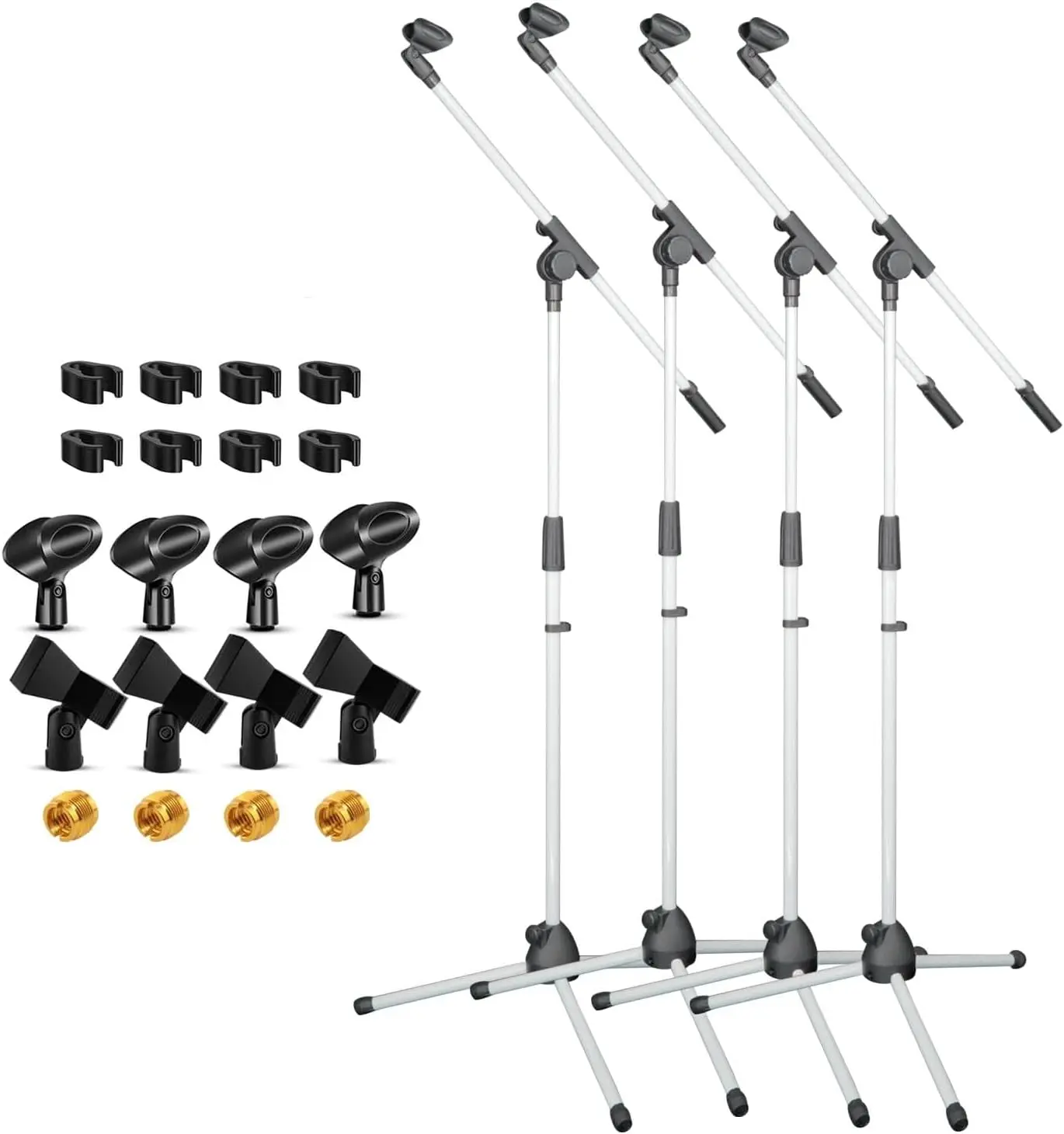 Microphone Stand Floor 4Pcs Tripod Boom Arm Mic Stand Height Adjustable with Mic Clips 3/8" - 5/8" Adapter for Singing Podcast Stage White - MS 080 WH 4PC