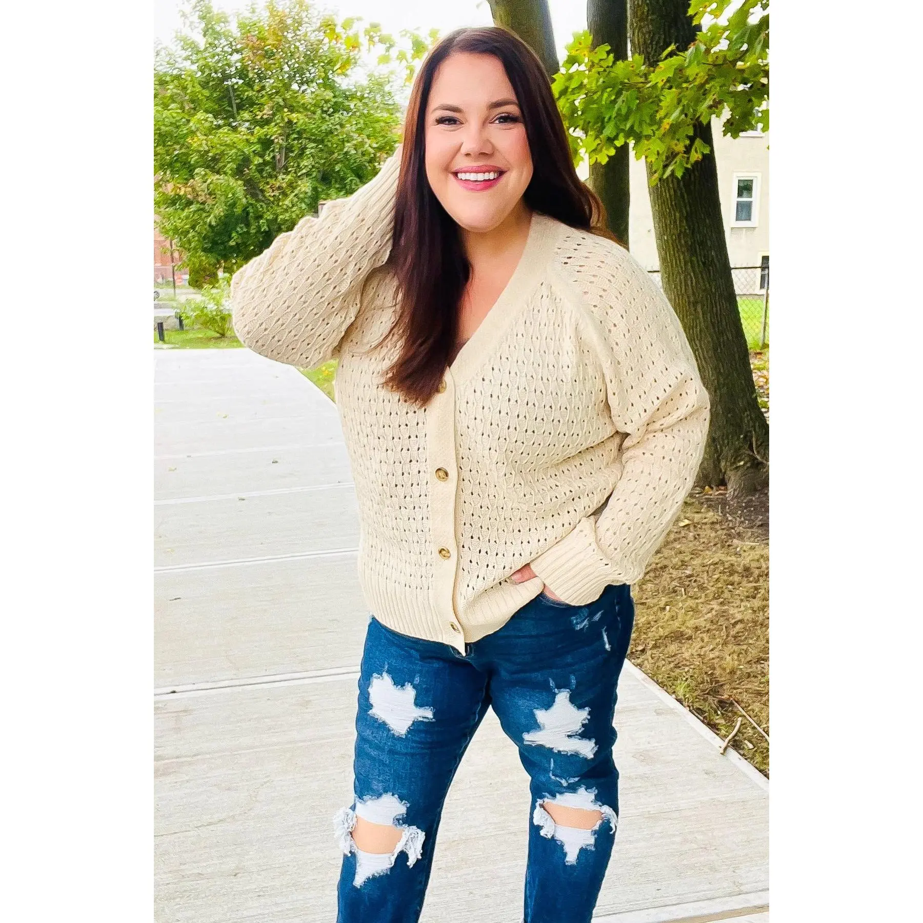 Follow Me Oatmeal Pointelle Knit Button Down Cardigan