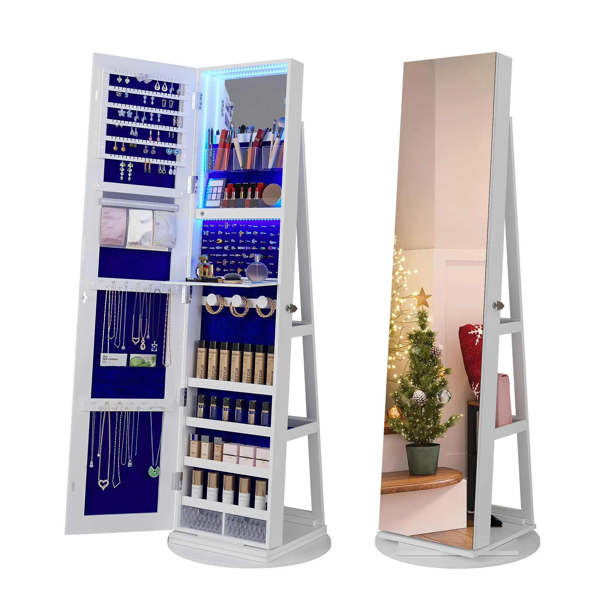 Vlerka 360° Swivel Jewelry Cabinet with Lights,Standing Jewelry Armoire Organizer, Rotatable Jewelry Mirror, Full Length Mirror with Jewelry Storage