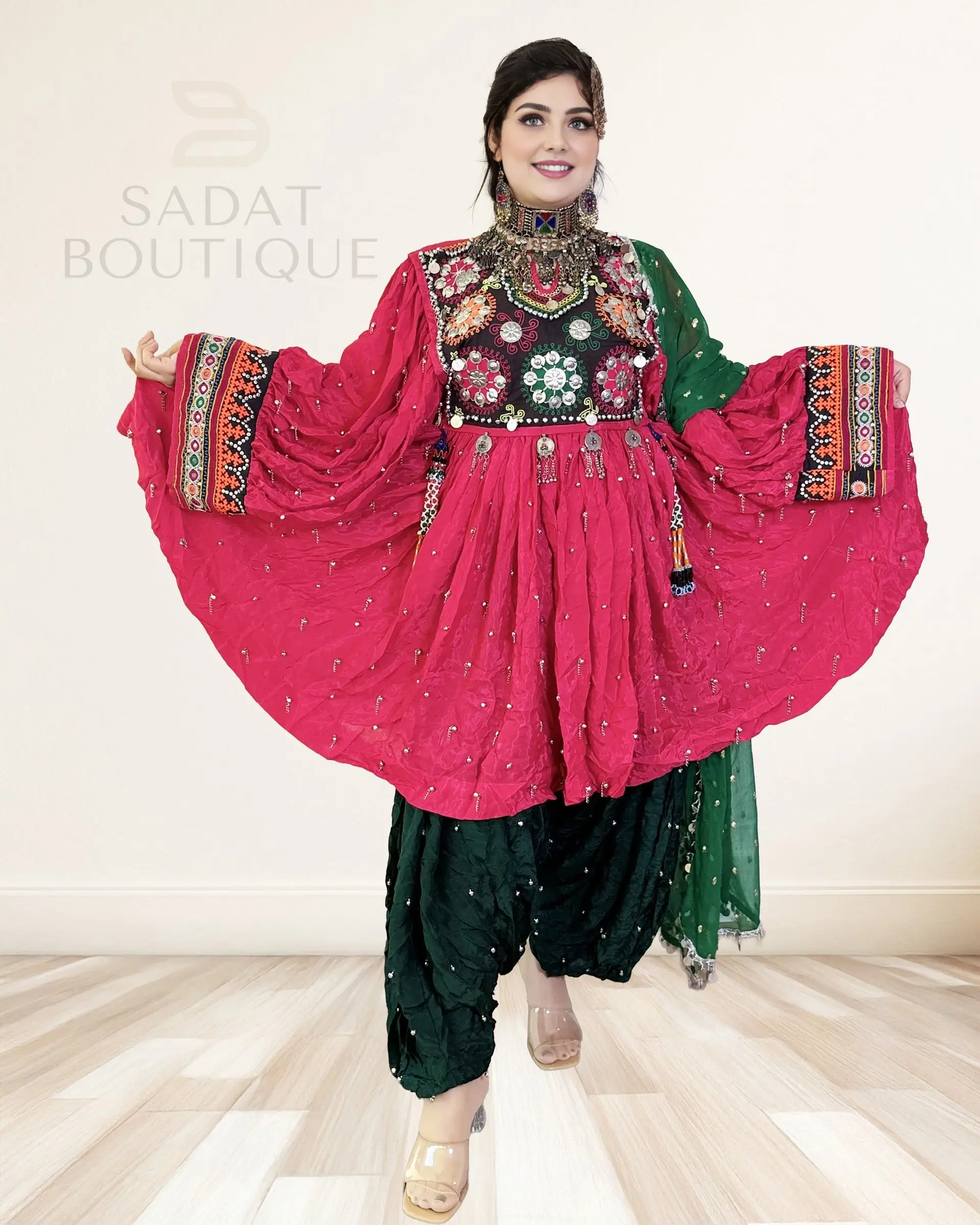 Sadat Boutique Women's Embroidered Kuchi Set - 3-Piece Raspberry & Emerald Afghan Salwar with Mirrorwork Top & Matching Dupatta, Embroidery, Sleeves