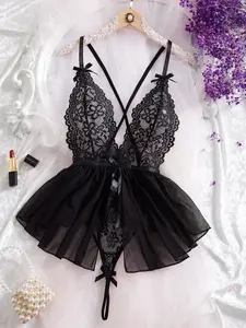 Women's Lace Patchwork Fitted Jumpsuit, Backless Bow Design, Plain Pattern, All-Season Wear, Fashionable Nightwear Home Suit, Low Back Bodysuit