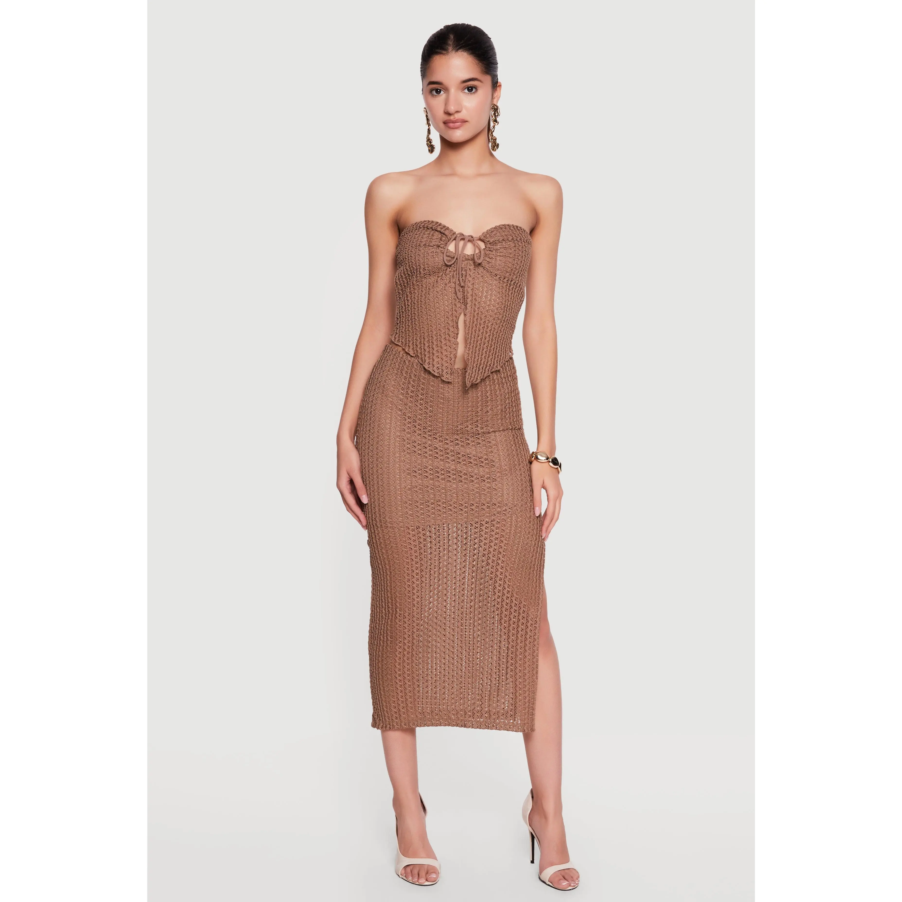 Side Slit Crochet Overlay Midi Skirt