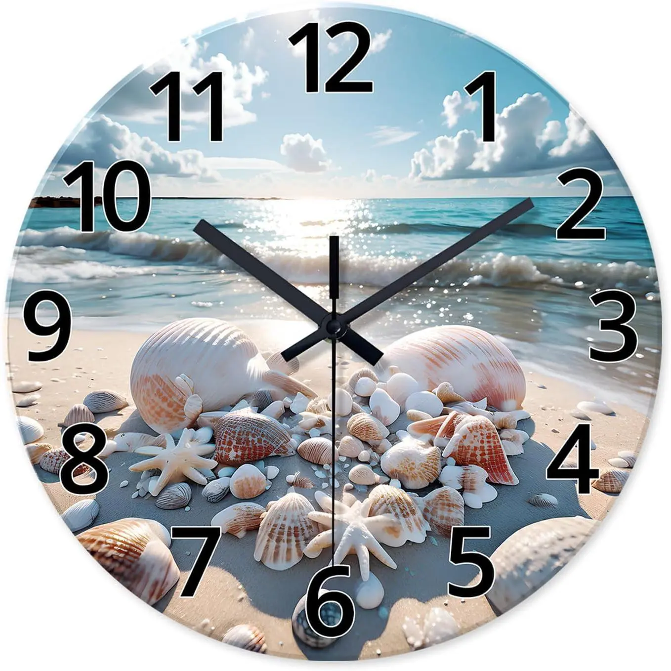 Analog Blue Beach Wall Clocks for Living Room Coastal Sea Shell Wall Clock  Operated 12 Inch Modern Round Glass Wall Clock Non Ticking