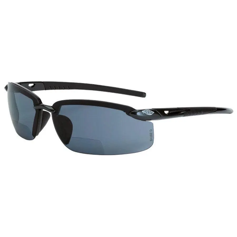 Crossfire ES5 Bifocal Work Safety Protective Eyewear - Black Frame, Polarized Smoke Hard Coated Lenses, Men's, 8-Base Curve, Dual Mold Rubber Temple Grips, Rubber Nosepiece, UV Sun Protection, Manufacturer Warranty