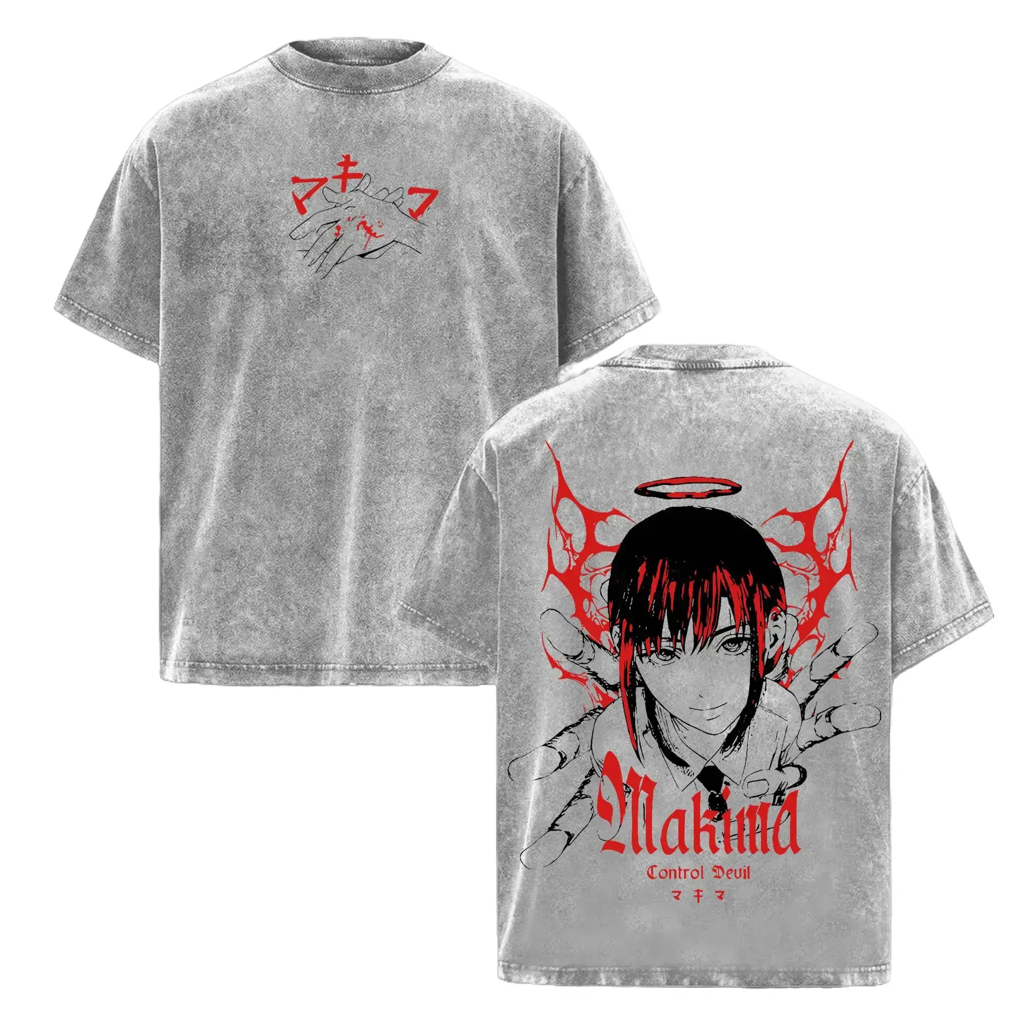 Makima Chainsaw Man T Shirt Vintage Washed Heavy Cotton Graphic Tee Anime Retro Oversized Streetwear Top Y2K Aesthetic Manga Lover Gift Otaku Merch Waifu Japanese Fashion Trending Unisex Apparel Cosplay Devil Hunter Shounen Outfit Menswear