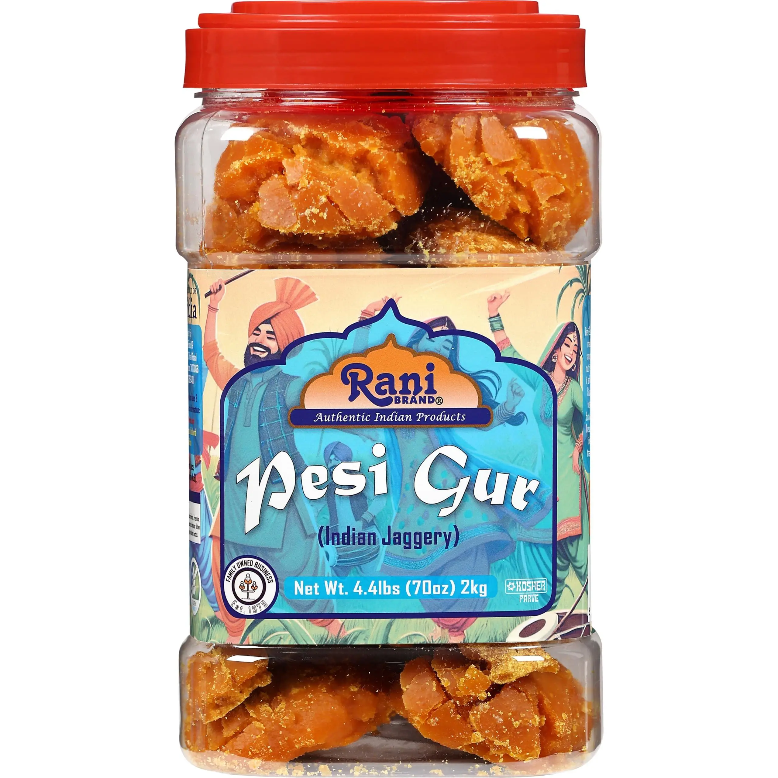 Rani Pesi Gur (Jaggery) Indian Unrefined Raw Cane Sugar 70oz (4.4lbs) 2kg PET Jar ~ Gluten Friendly | Vegan | NON-GMO | Kosher | No Salt or fillers | Indian Product
